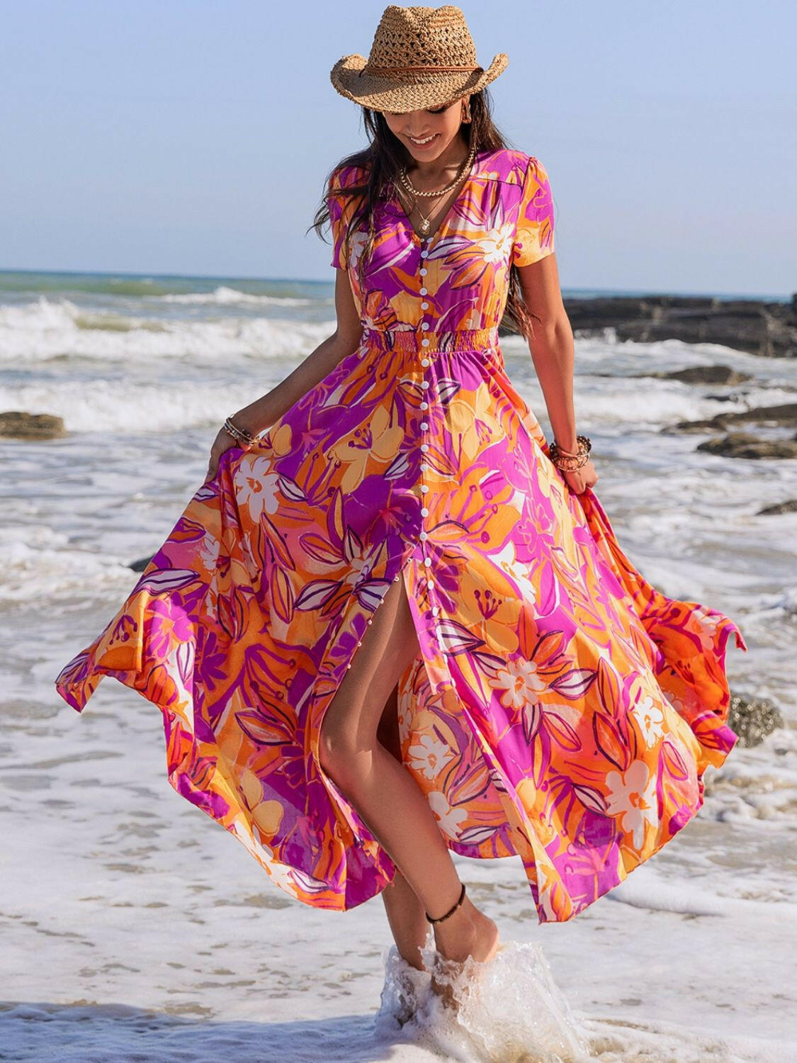 Printed V-Neck Short Sleeve Midi Dress - StyleLure