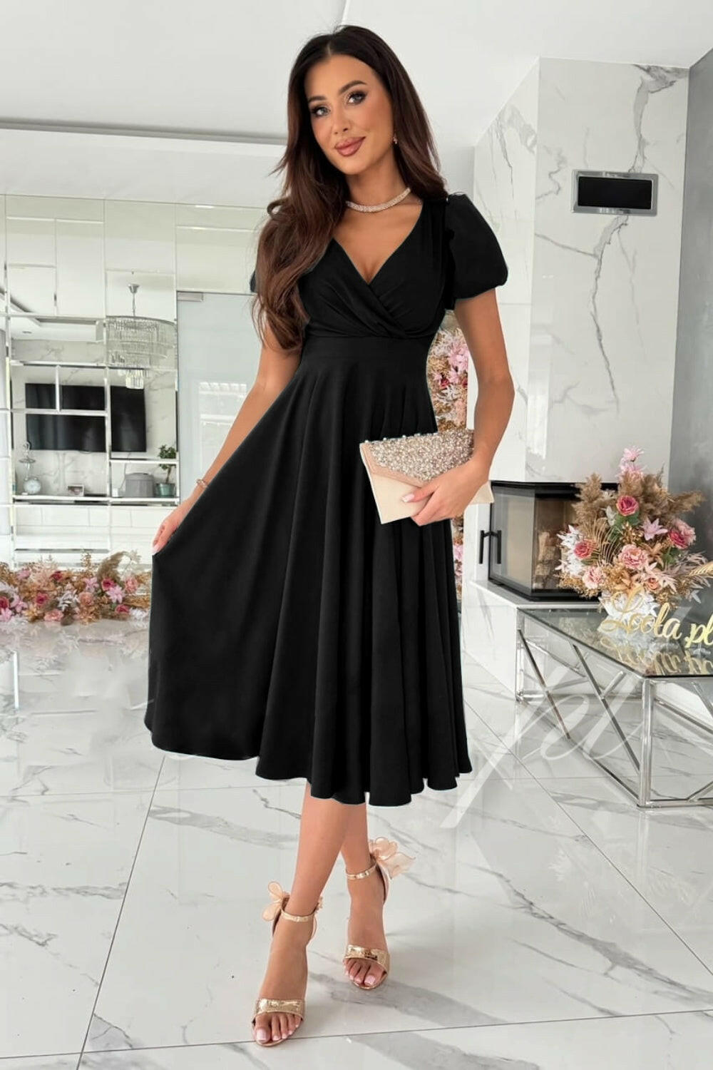 Surplice Puff Sleeve Midi Dress - StyleLure