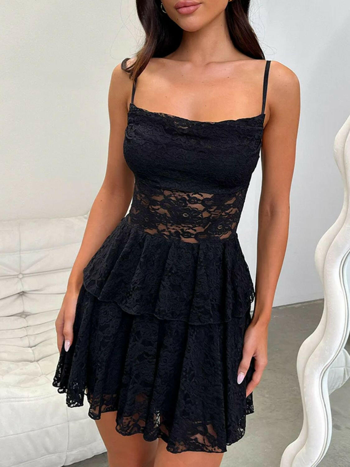 Devine Lace-Up Layered Lace Mini Cami Dress - StyleLure