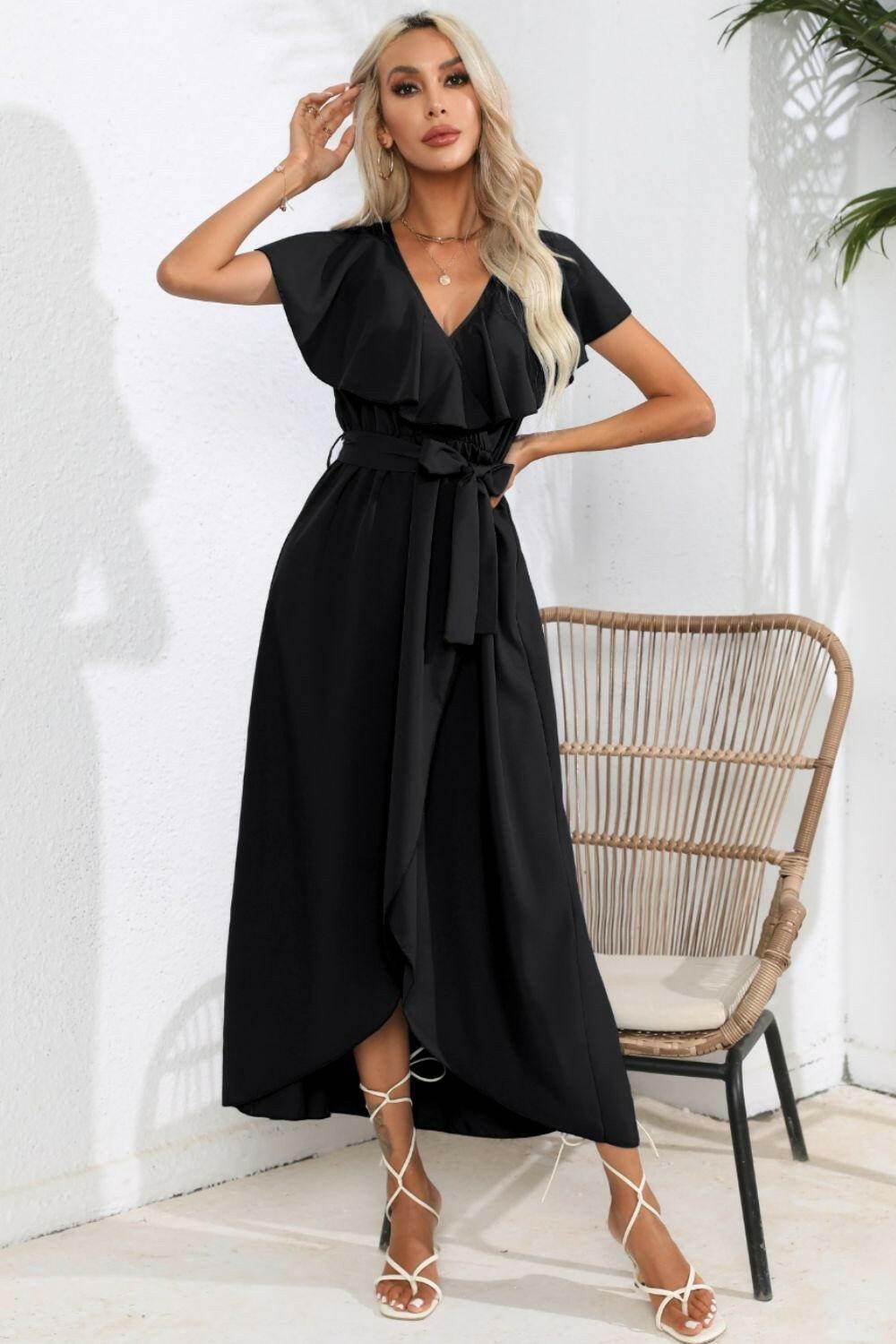 Ruffled Tied V-Neck Midi Dress - StyleLure