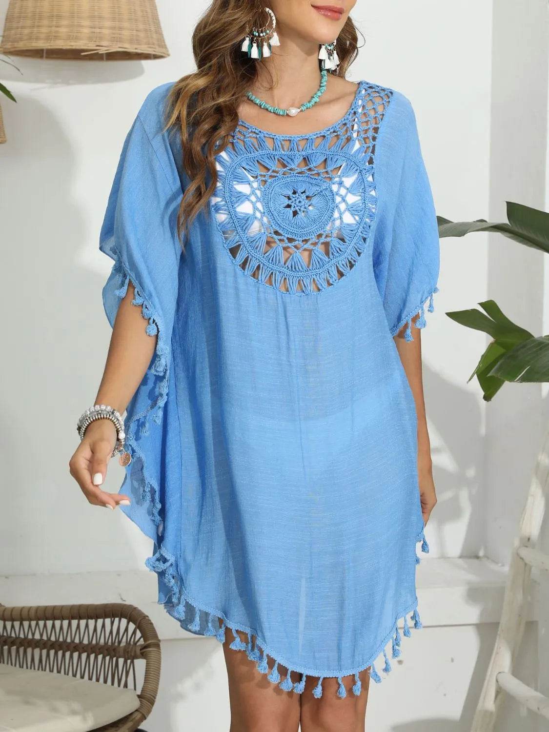 Tassel Crochet Round Neck Cover-Up - StyleLure