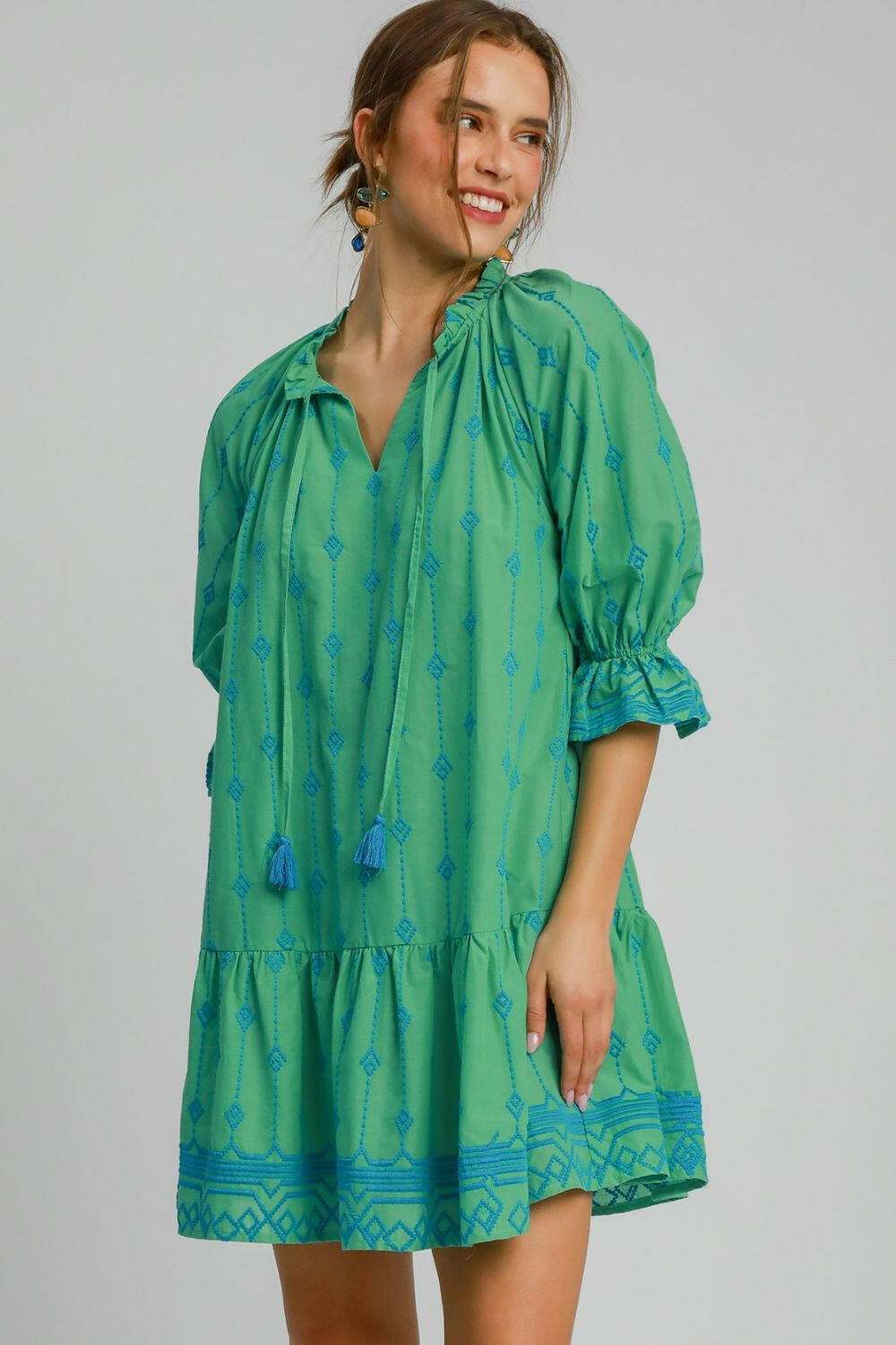 Umgee Full Size Tassel Embroidered Flounce Sleeve Mini Dress Plus Size - StyleLure