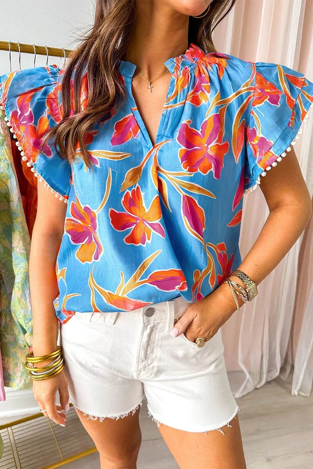Floral Print Notched Pompom Trim Flutter Sleeve Blouse - StyleLure