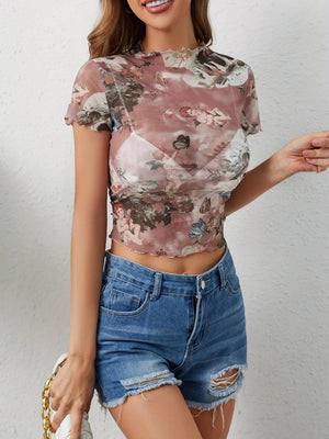 Abstract Print Ruffled Mock Neck Crop T-Shirt - StyleLure