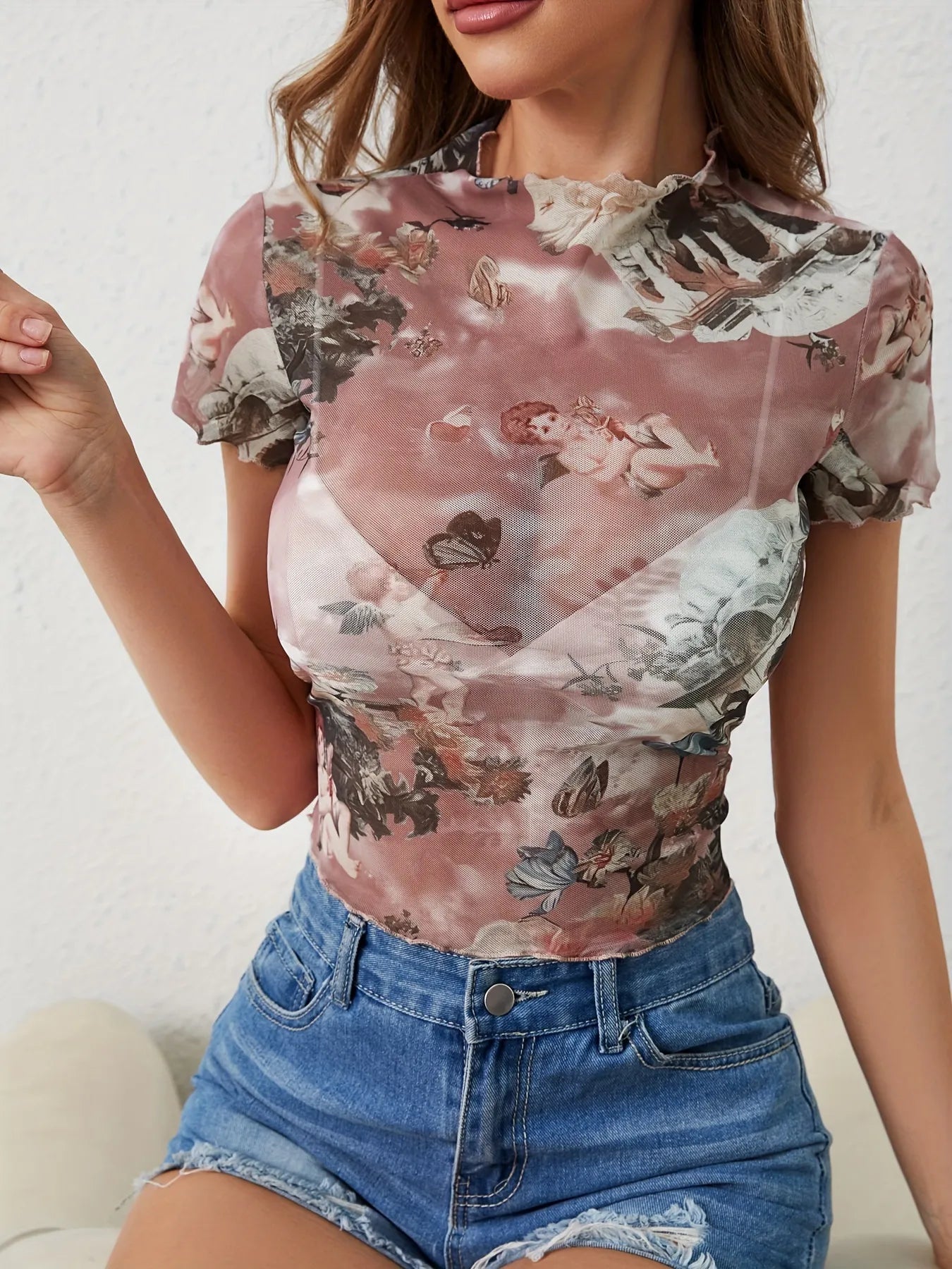 Abstract Print Ruffled Mock Neck Crop T-Shirt - StyleLure