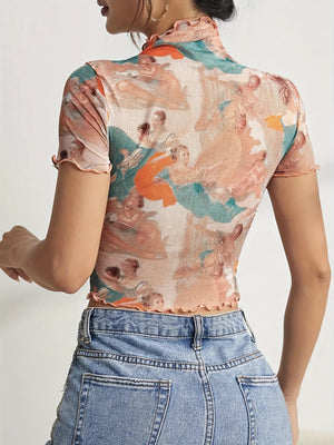 Abstract Print Ruffled Mock Neck Crop T-Shirt - StyleLure