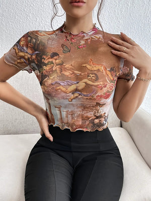 Abstract Print Ruffled Mock Neck Crop T-Shirt - StyleLure