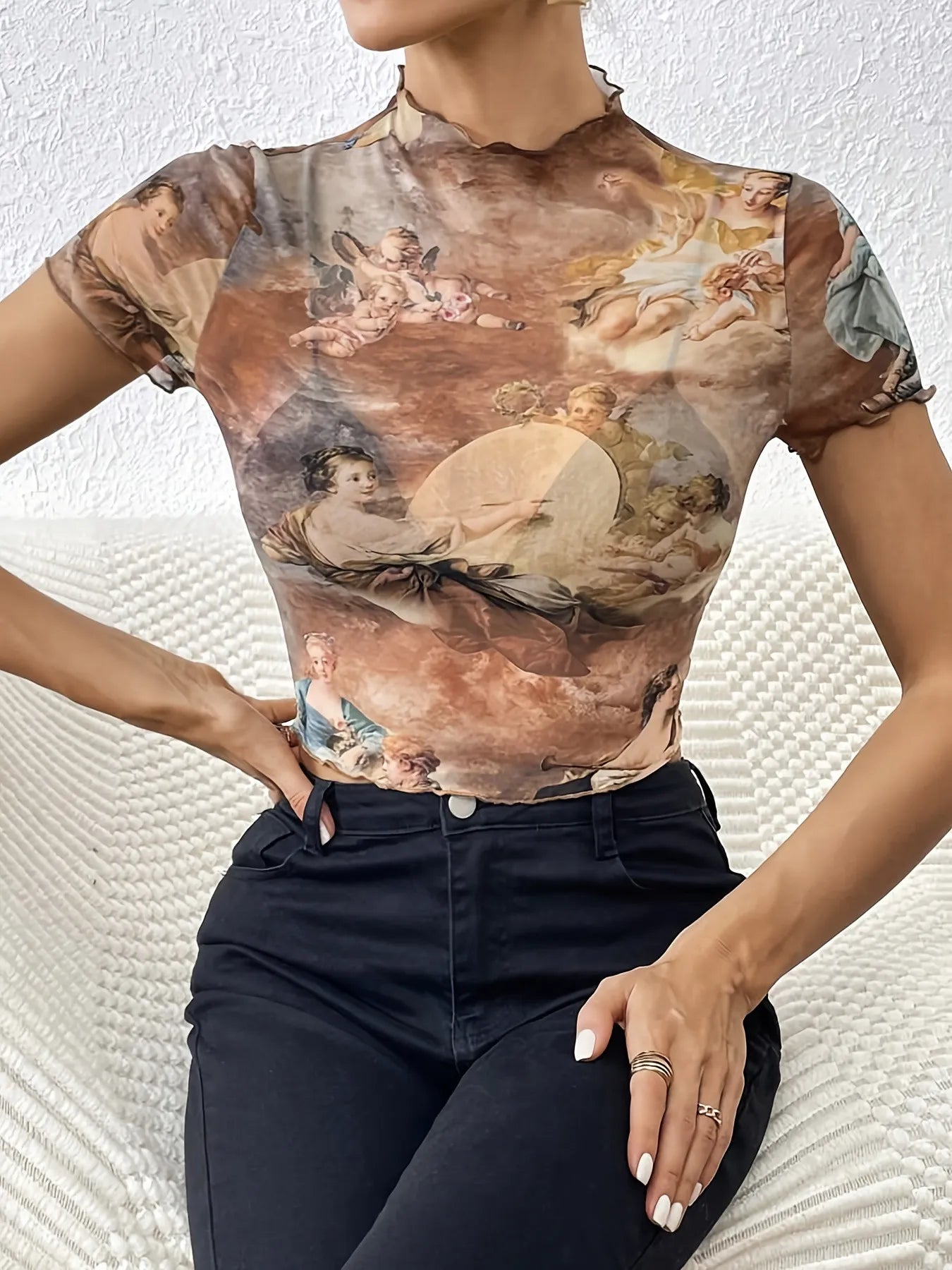 Abstract Print Ruffled Mock Neck Crop T-Shirt - StyleLure