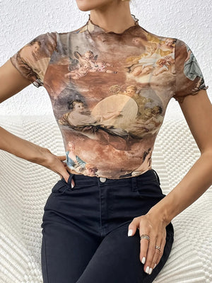 Abstract Print Ruffled Mock Neck Crop T-Shirt - StyleLure
