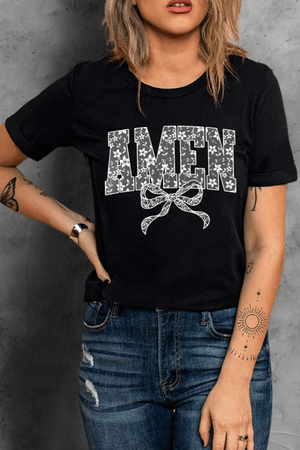 AMEN Bow Round Neck Short Sleeve T Shirt - StyleLure