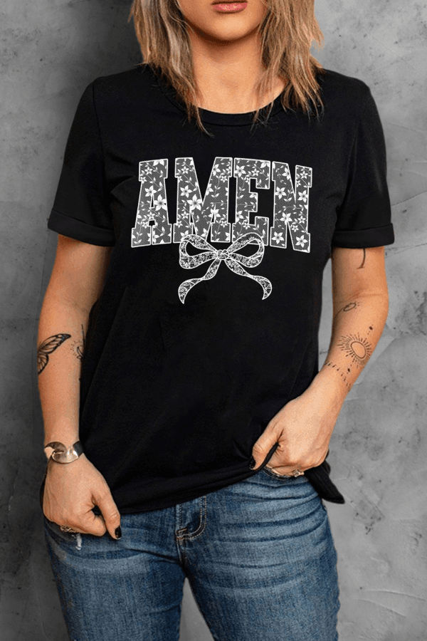 AMEN Bow Round Neck Short Sleeve T Shirt - StyleLure