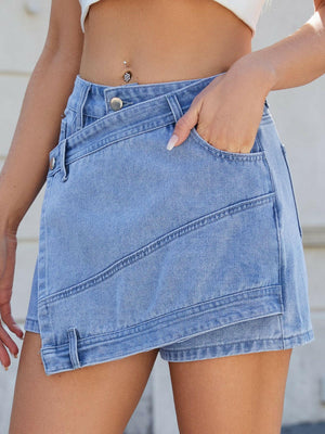 Asymmetrical Denim Skort with Pockets - StyleLure
