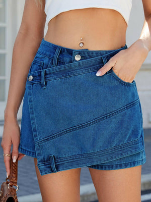 Asymmetrical Denim Skort with Pockets - StyleLure
