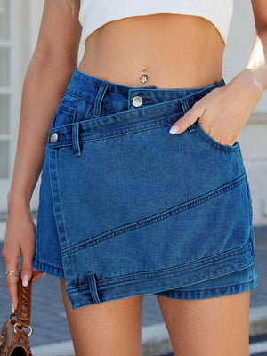 Asymmetrical Denim Skort with Pockets - StyleLure