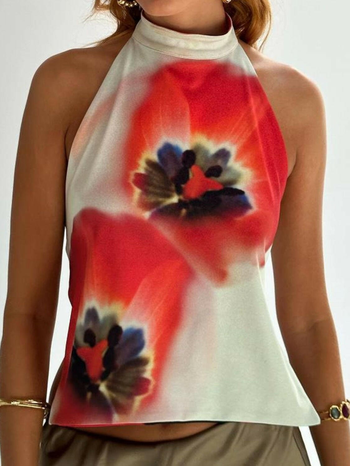 Backless Printed Halter Neck Tank - StyleLure