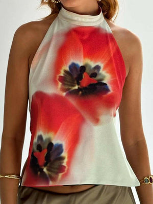 Backless Printed Halter Neck Tank - StyleLure