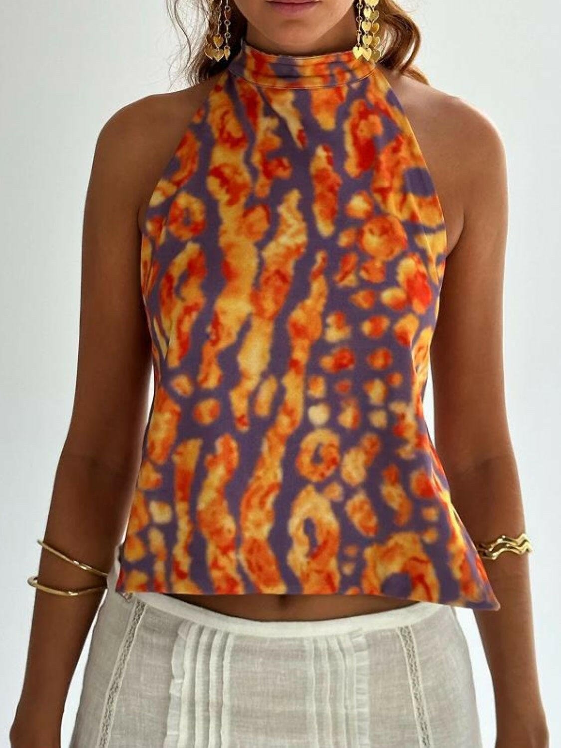 Backless Printed Halter Neck Tank - StyleLure