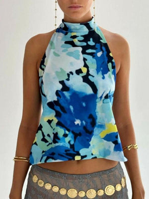Backless Printed Halter Neck Tank - StyleLure