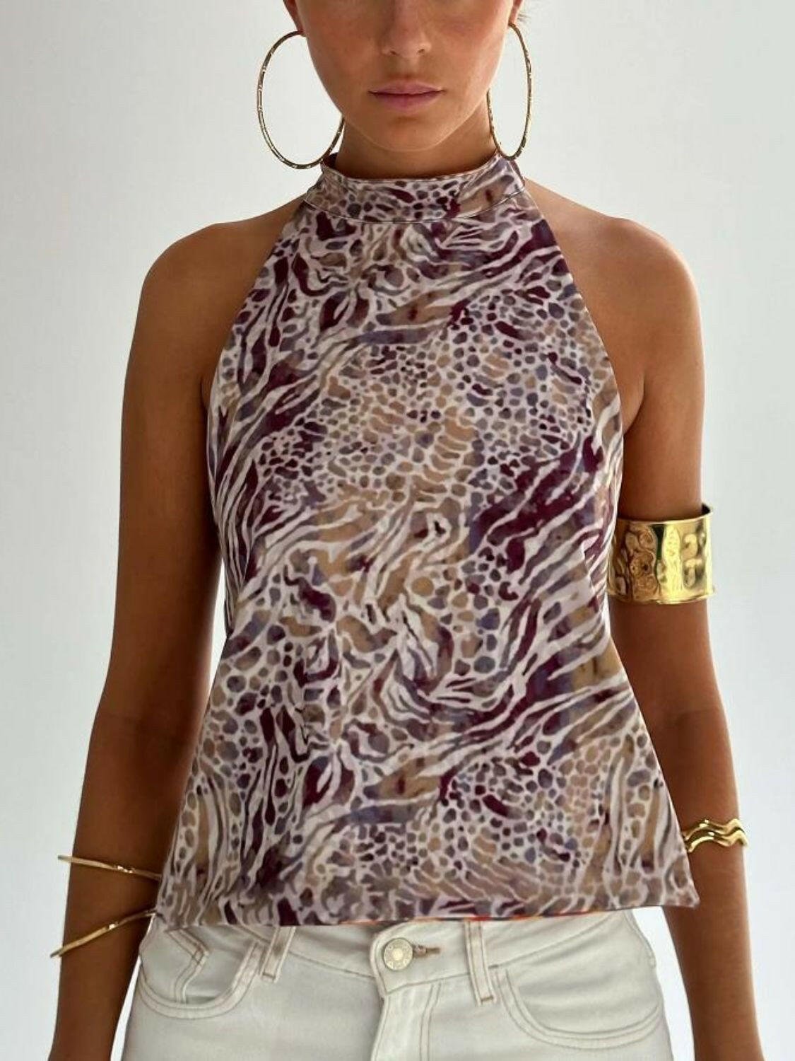 Backless Printed Halter Neck Tank - StyleLure