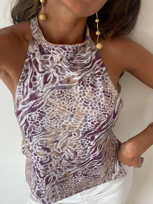Backless Printed Halter Neck Tank - StyleLure