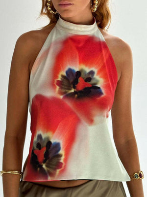 Backless Printed Halter Neck Tank - StyleLure