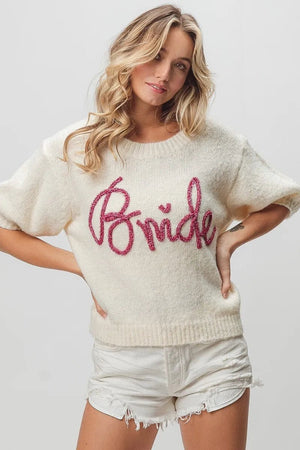 BiBi Metallic Letter Short Puff Sleeve Hairy Sweater - StyleLure