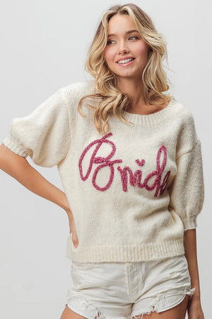 BiBi Metallic Letter Short Puff Sleeve Hairy Sweater - StyleLure