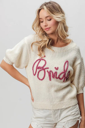BiBi Metallic Letter Short Puff Sleeve Hairy Sweater - StyleLure