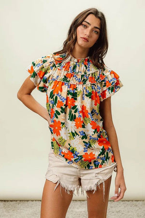BiBi Multi Color Floral Print Woven Top - StyleLure