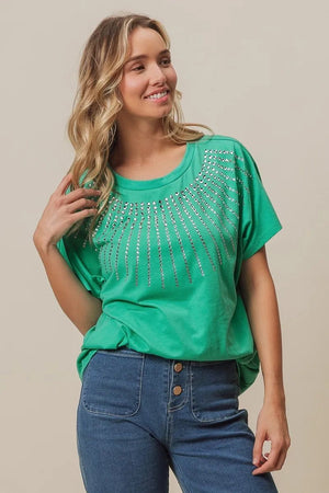 BiBi Rhinestone Beaded Short Sleeve Top - StyleLure