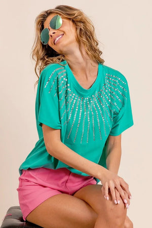 BiBi Rhinestone Beaded Short Sleeve Top - StyleLure
