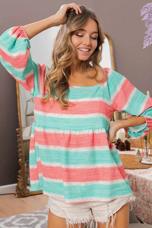 BiBi Stripe Printed Bubble Woven Balloon Sleeves Top - StyleLure