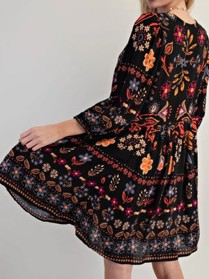 Bohemian Floral Print Long Sleeve Mini Dress - StyleLure