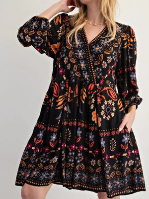 Bohemian Floral Print Long Sleeve Mini Dress - StyleLure