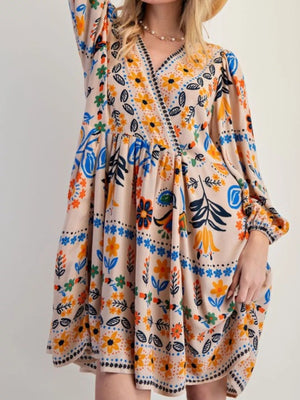 Bohemian Floral Print Long Sleeve Mini Dress - StyleLure