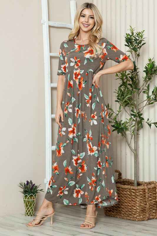 BOMBOM Floral Round Neck Short Sleeve Maxi Tee Dress - StyleLure