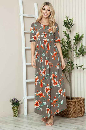BOMBOM Floral Round Neck Short Sleeve Maxi Tee Dress - StyleLure