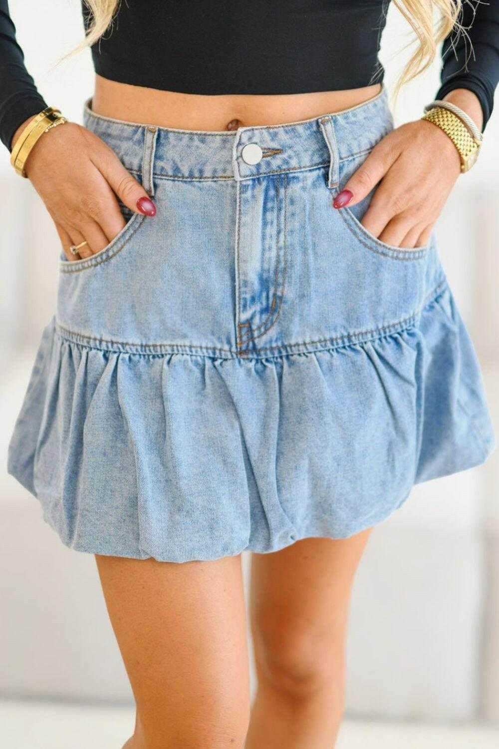 Bubble Hem Denim Mini Skirt - StyleLure