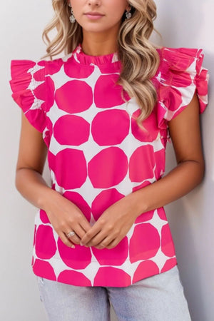 Bubblegum Pattern Frilled Collar Flutter Sleeve Top - StyleLure
