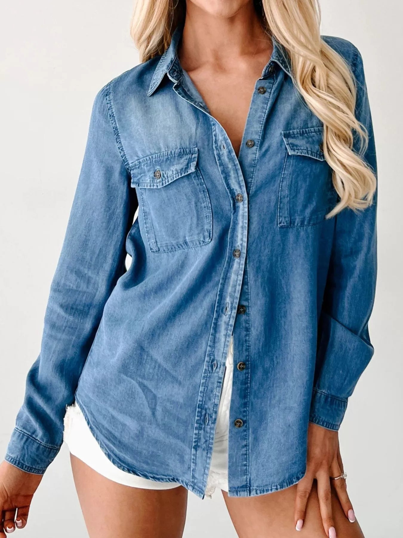 Button - Down Collared Neck Denim Shirt - StyleLure