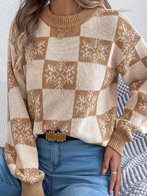 Christmas Snowflake Checkered Round Neck Sweater - StyleLure