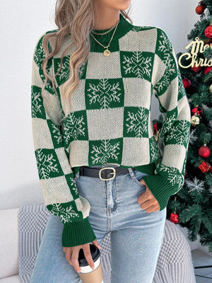 Christmas Snowflake Checkered Round Neck Sweater - StyleLure