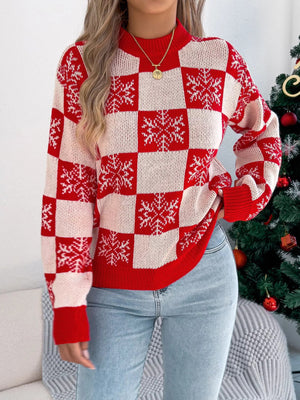 Christmas Snowflake Checkered Round Neck Sweater - StyleLure
