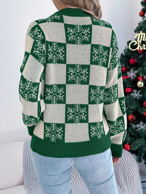 Christmas Snowflake Checkered Round Neck Sweater - StyleLure