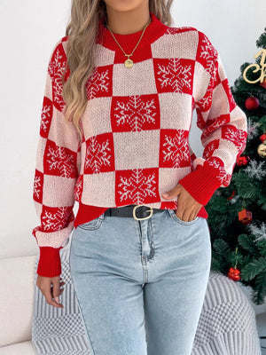 Christmas Snowflake Checkered Round Neck Sweater - StyleLure