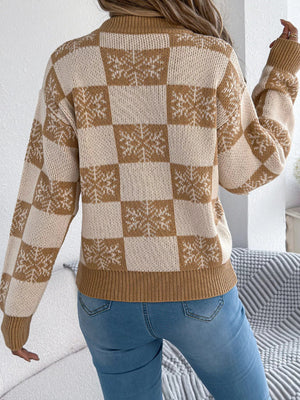 Christmas Snowflake Checkered Round Neck Sweater - StyleLure