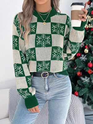 Christmas Snowflake Checkered Round Neck Sweater - StyleLure