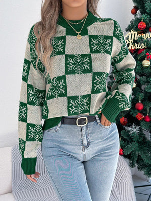 Christmas Snowflake Checkered Round Neck Sweater - StyleLure
