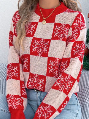 Christmas Snowflake Checkered Round Neck Sweater - StyleLure