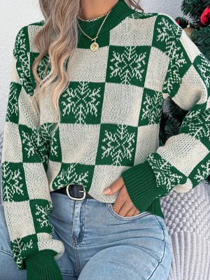 Christmas Snowflake Checkered Round Neck Sweater - StyleLure